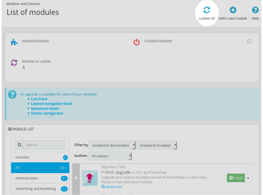 list of modules PrestaShop upgrade