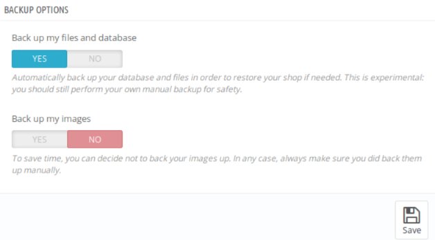 Prestashop backup options