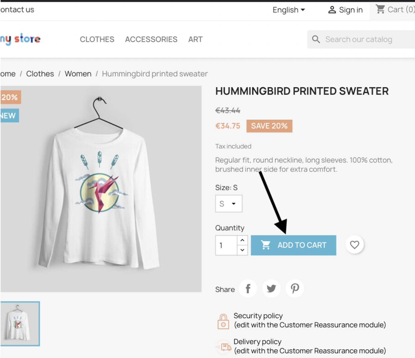 2. Store visitor will be redirected to the appropriate link (defined by admin) after clicking on “Add to cart” button. This link will be opened instead of the native PrestaShop checkout page