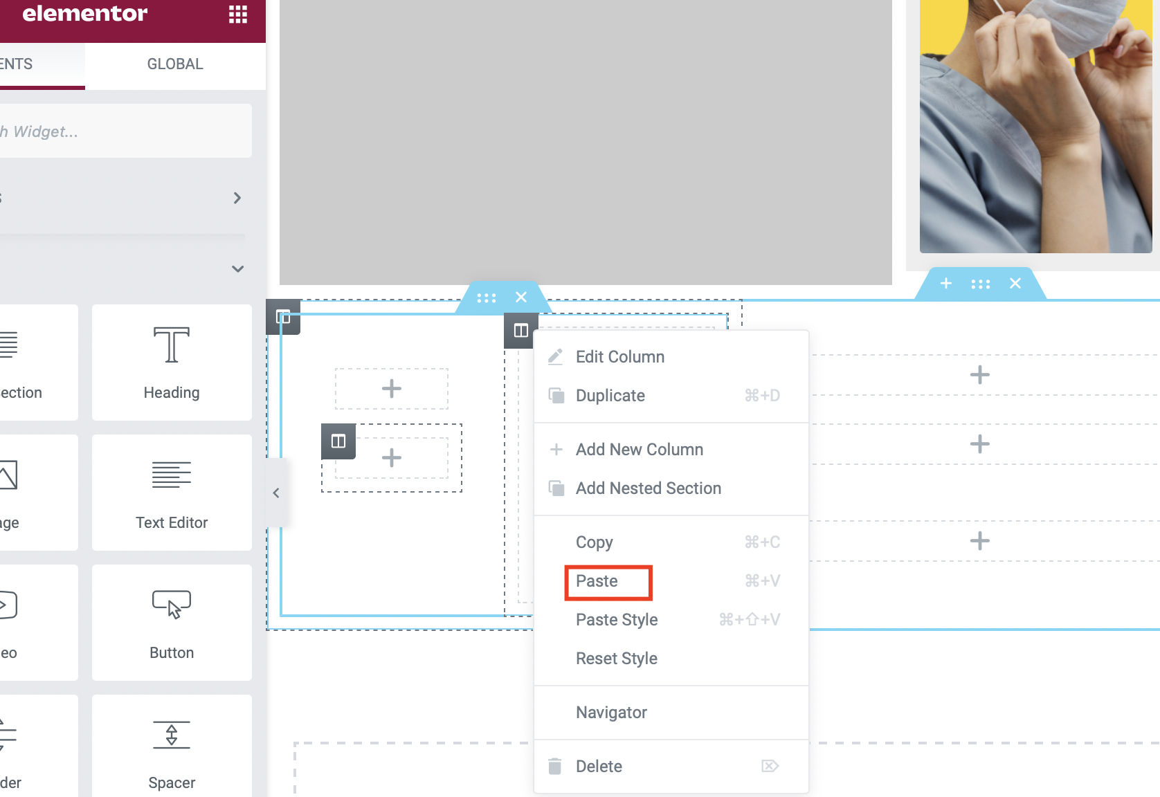 paste section to Elementor