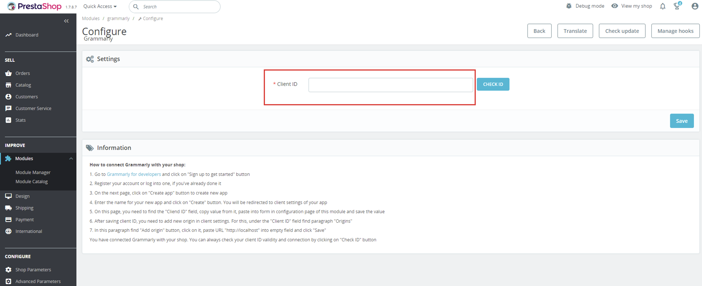 grammarly prestashop module client id