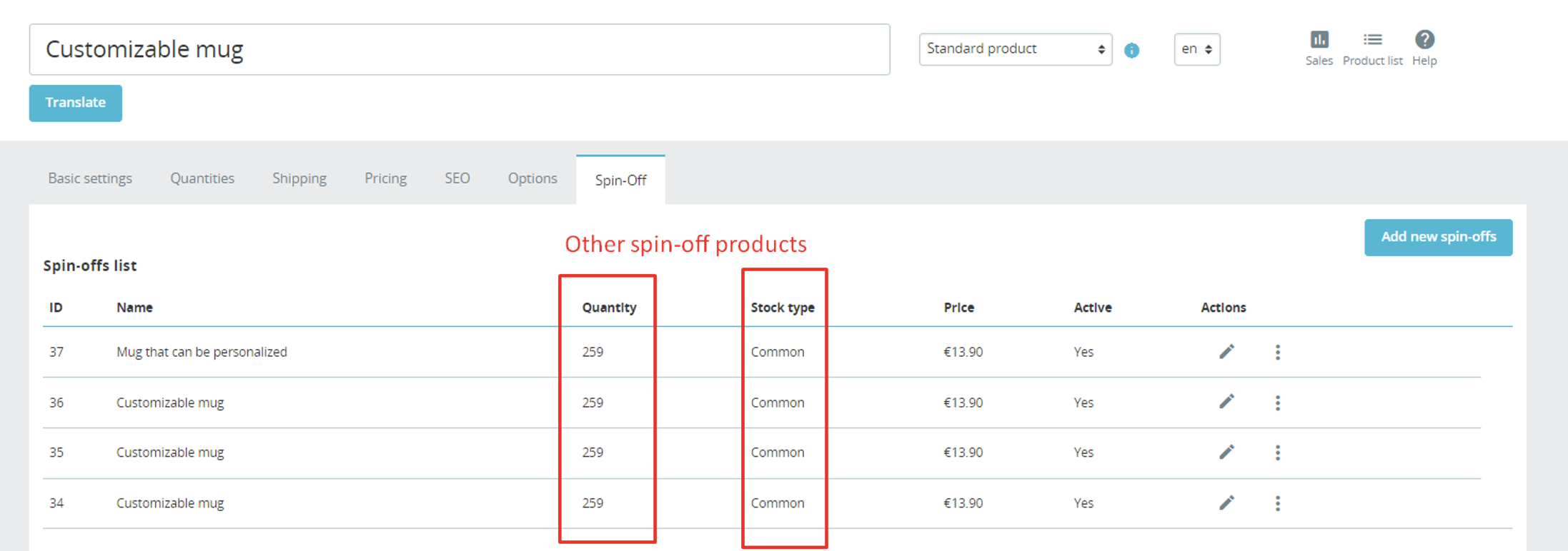 Spin-off products ChatGPT PrestaShop spinoff quantity table