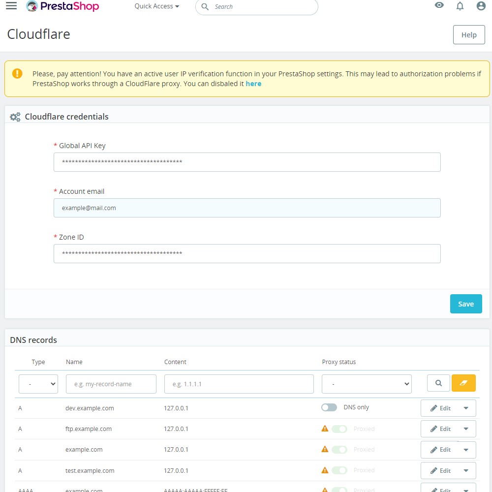 PrestaShop with the Cloudflare