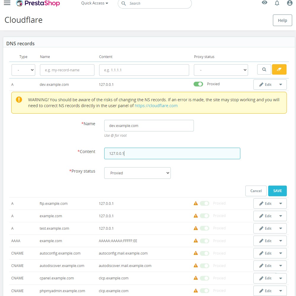 PrestaShop with the Cloudflare